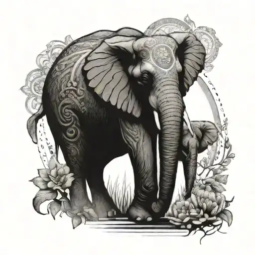 A tattoo design featuring an elephant and an owl surrounded by rays of sunshine to symbolize family and protection tattoo design idea
