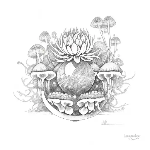 couldron, potion bottles, blue lotus flower, mushrooms, moon,rosemary, lavender,coneflower tattoo design idea