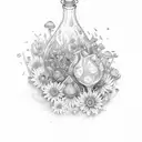 couldron, potion bottles, blue lotus flower, mushrooms, moon,rosemary, lavender,coneflower tattoo design idea