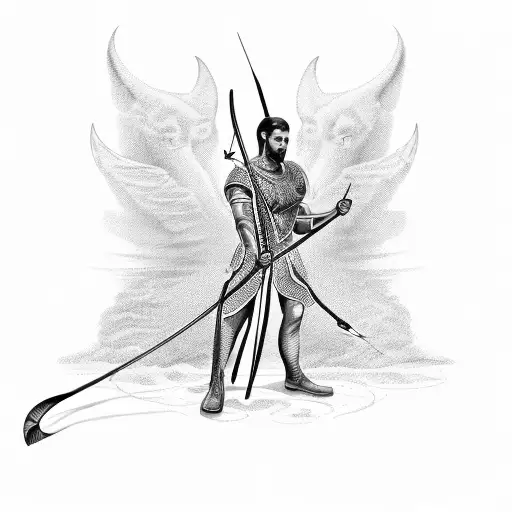 A detailed depiction of Oxossí holding his powerful bow and arrow, symbolizing his ability to provide and protect. tattoo design idea
