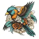 bird and freedom with feathers falling tattoo design idea