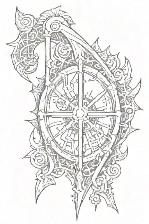 rusty and broken sword and shield crossed still shyning tattoo design idea