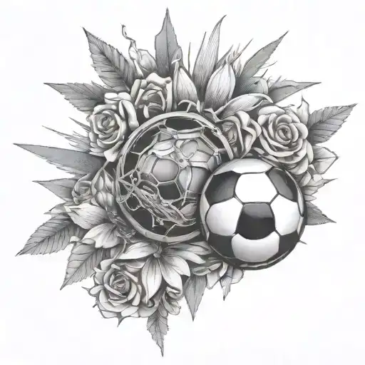 A black-grey tattoo of a soccer ball with gun barrels as the pattern, surrounded by flowers and sun rays, combining the client's interests in a unique way tattoo design idea