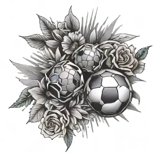A black-grey tattoo of a soccer ball with gun barrels as the pattern, surrounded by flowers and sun rays, combining the client's interests in a unique way tattoo design idea