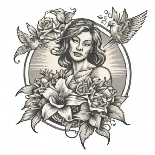 A tattoo of a mother holding a bouquet of flowers at the beach, with the sun shining down, representing the client's role as a mom and her favorite things tattoo design idea