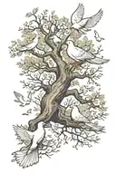 half dead and half alive tree with white doves flying out of it tattoo design idea