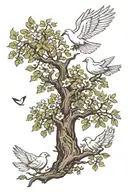 half dead and half alive tree with white doves flying out of it tattoo design idea