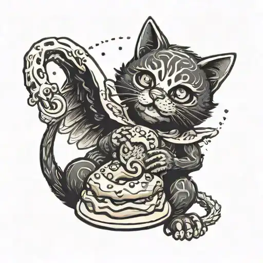 A black angel cat eating a doughnut with a happy skeleton tattoo design idea