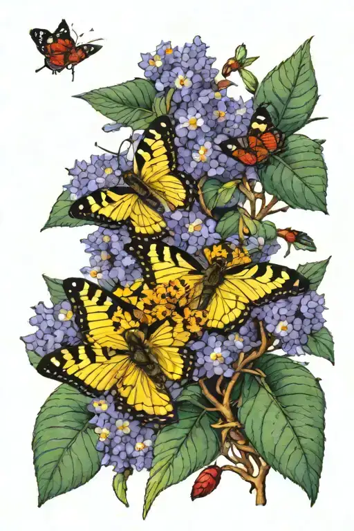 Buddleia bush with butterflies and bees buzzing tattoo design idea