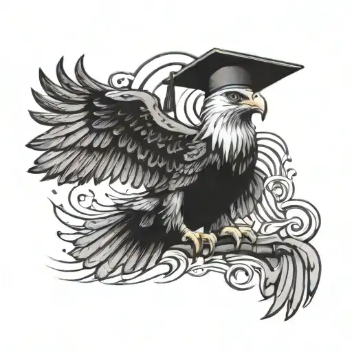 A black-grey tattoo design of an eagle with a graduation cap, embodying your dedication to your studies and your determination to succeed, with subtle hints of your love for rap music. tattoo design idea