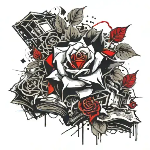 crystal rose coming out of an open book surrounded by motherboard thorns  tattoo design idea