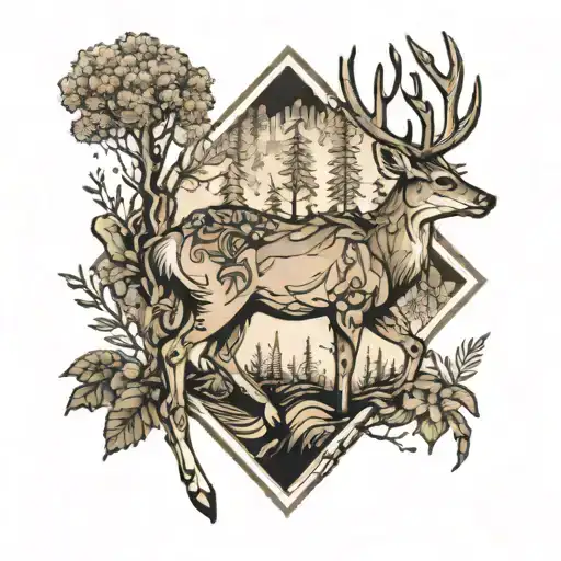 deer and forest tattoo design idea