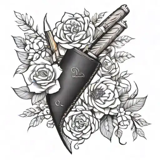 Create a sleeve tattoo featuring various leather working tools intertwined with floral elements tattoo design idea