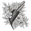 Create a sleeve tattoo featuring various leather working tools intertwined with floral elements tattoo design idea