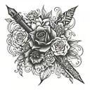 Create a sleeve tattoo featuring various leather working tools intertwined with floral elements tattoo design idea