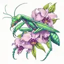 A praying mantis growing pink orchids on its back tattoo design idea