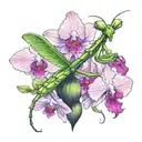 A praying mantis growing pink orchids on its back tattoo design idea