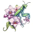 A praying mantis growing pink orchids on its back tattoo design idea