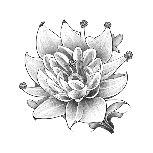 A bouquet of honeysuckle, lily of the valley, daisy, daffodil, and chrysanthemum flowers intertwined with the word 'Mom' tattoo design idea