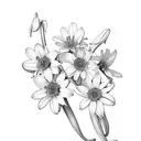 A bouquet of honeysuckle, lily of the valley, daisy, daffodil, and chrysanthemum flowers intertwined with the word 'Mom' tattoo design idea