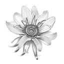 A bouquet of honeysuckle, lily of the valley, daisy, daffodil, and chrysanthemum flowers intertwined with the word 'Mom' tattoo design idea