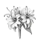 A bouquet of honeysuckle, lily of the valley, daisy, daffodil, and chrysanthemum flowers intertwined with the word 'Mom' tattoo design idea