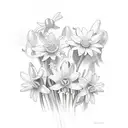 A bouquet of honeysuckle, lily of the valley, daisy, daffodil, and chrysanthemum flowers intertwined with the word 'Mom' tattoo design idea