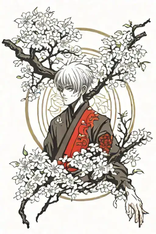 Ken Kaneki, Red spider lily, cherry blossom trees colors sunset tattoo design idea