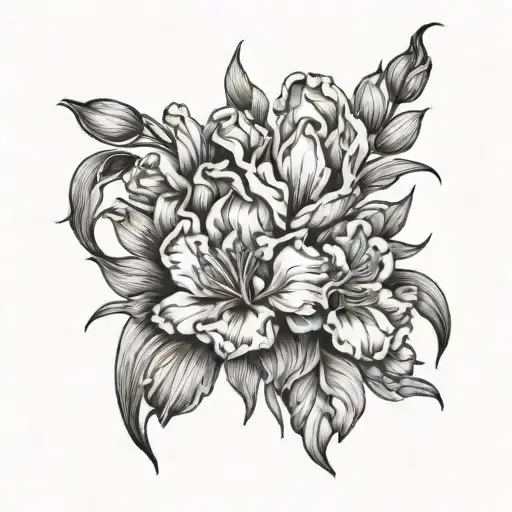 floral bouquet iris tulip peony flower intertwined tattoo design idea