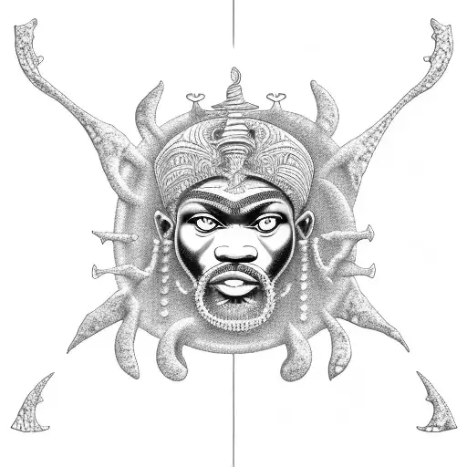 African Poseidon sitting on his throne at the bottom of the sea, holding the trident and some fish swimming next to him. tattoo design idea