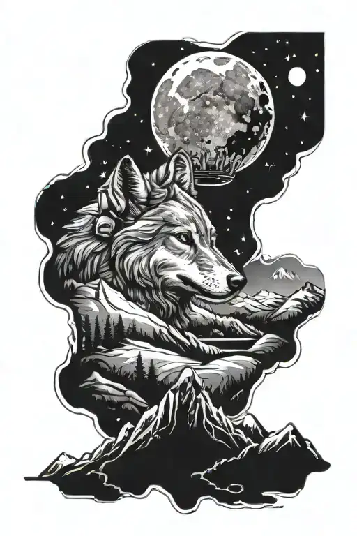 generate a tattoo with a wolf surrounded by nature hills and mountains which are shown in the astronaut helmet  tattoo design idea