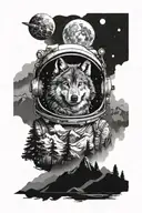 generate a tattoo with a wolf surrounded by nature hills and mountains which are shown in the astronaut helmet  tattoo design idea