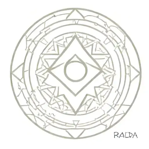 A circular emblem, intricately designed with interlocking geometric patterns that form a stylized eye at its center. Rad tattoo design idea