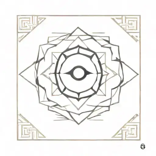 A circular emblem, intricately designed with interlocking geometric patterns that form a stylized eye at its center. tattoo design idea