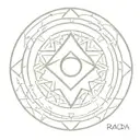 A circular emblem, intricately designed with interlocking geometric patterns that form a stylized eye at its center. Rad tattoo design idea