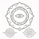 A circular emblem, intricately designed with interlocking geometric patterns that form a stylized eye at its center. Rad tattoo design idea