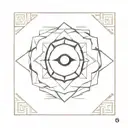 A circular emblem, intricately designed with interlocking geometric patterns that form a stylized eye at its center. tattoo design idea