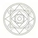 A circular emblem, intricately designed with interlocking geometric patterns that form a stylized eye at its center. tattoo design idea