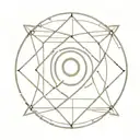 A circular emblem, intricately designed with interlocking geometric patterns that form a stylized eye at its center. tattoo design idea