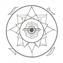 A circular emblem, intricately designed with interlocking geometric patterns that form a stylized eye at its center. tattoo design idea