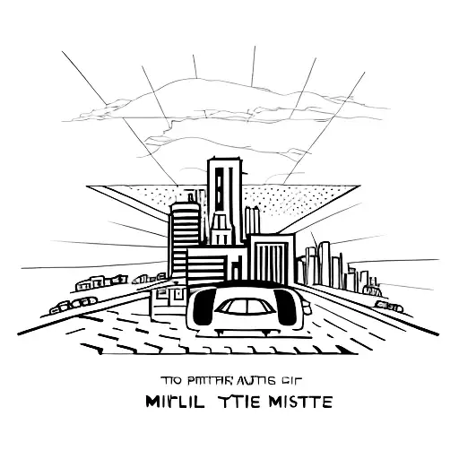 A minimalist tattoo of a car driving through a city skyline with rap lyrics forming the buildings, symbolizing your passion for both cars and rap music. tattoo design idea