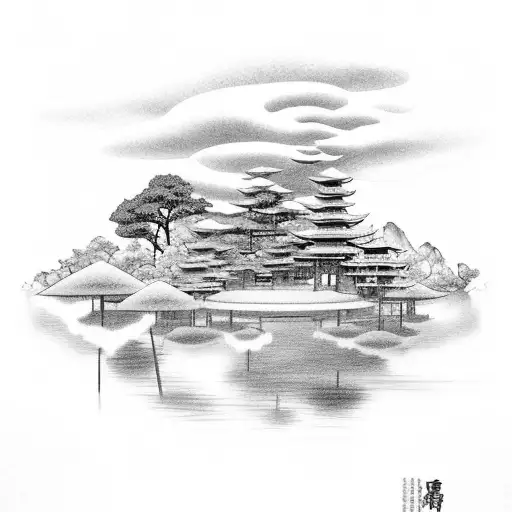 A serene landscape of a Japanese garden with water features and fluffy clouds overhead tattoo design idea