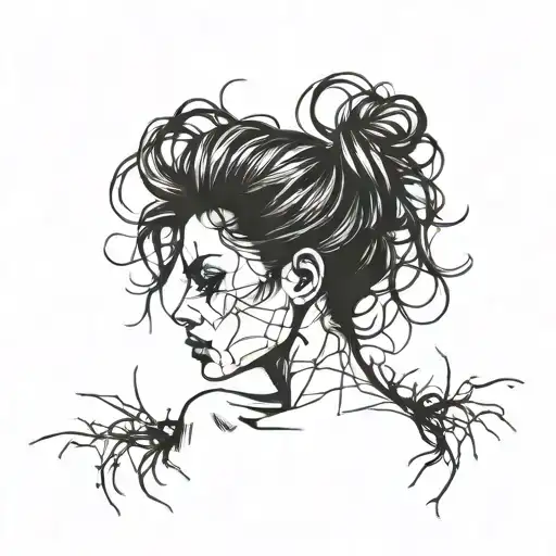 One line tattoo A distraught girl frazzled hair on her knees kind of disintegrating into dirt, screaming  (screams are v tattoo design idea