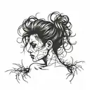 One line tattoo A distraught girl frazzled hair on her knees kind of disintegrating into dirt, screaming  (screams are v tattoo design idea