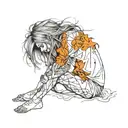 One line tattoo A distraught girl frazzled hair on her knees kind of disintegrating into dirt, screaming  (screams are v tattoo design idea