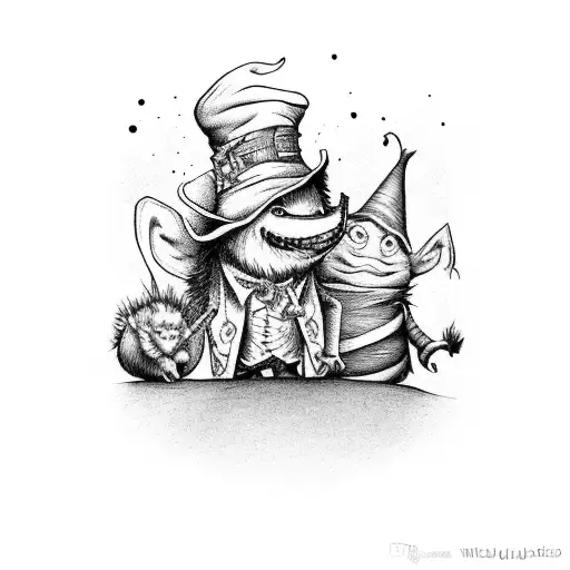 mad hatter tea party with monsters from where the wild things are, hogwarts stone knights, Peter Pan and the wild boys tattoo design idea
