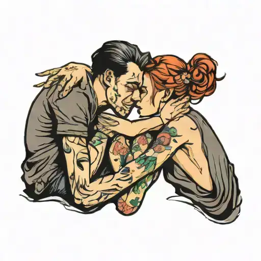 men crying on women lap facing eachother tattoo design idea