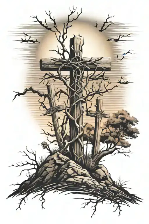 3 crosses with thorns wrapped around them on top of a hill with sunset in background  tattoo design idea