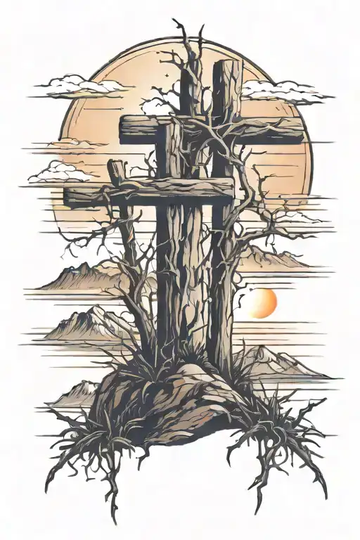3 crosses with thorns on them on top of a mountain with sunset in background  tattoo design idea
