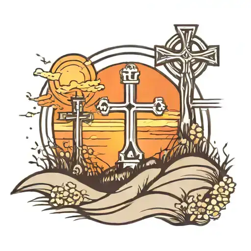 3 crosses on a hill with the sun tattoo design idea